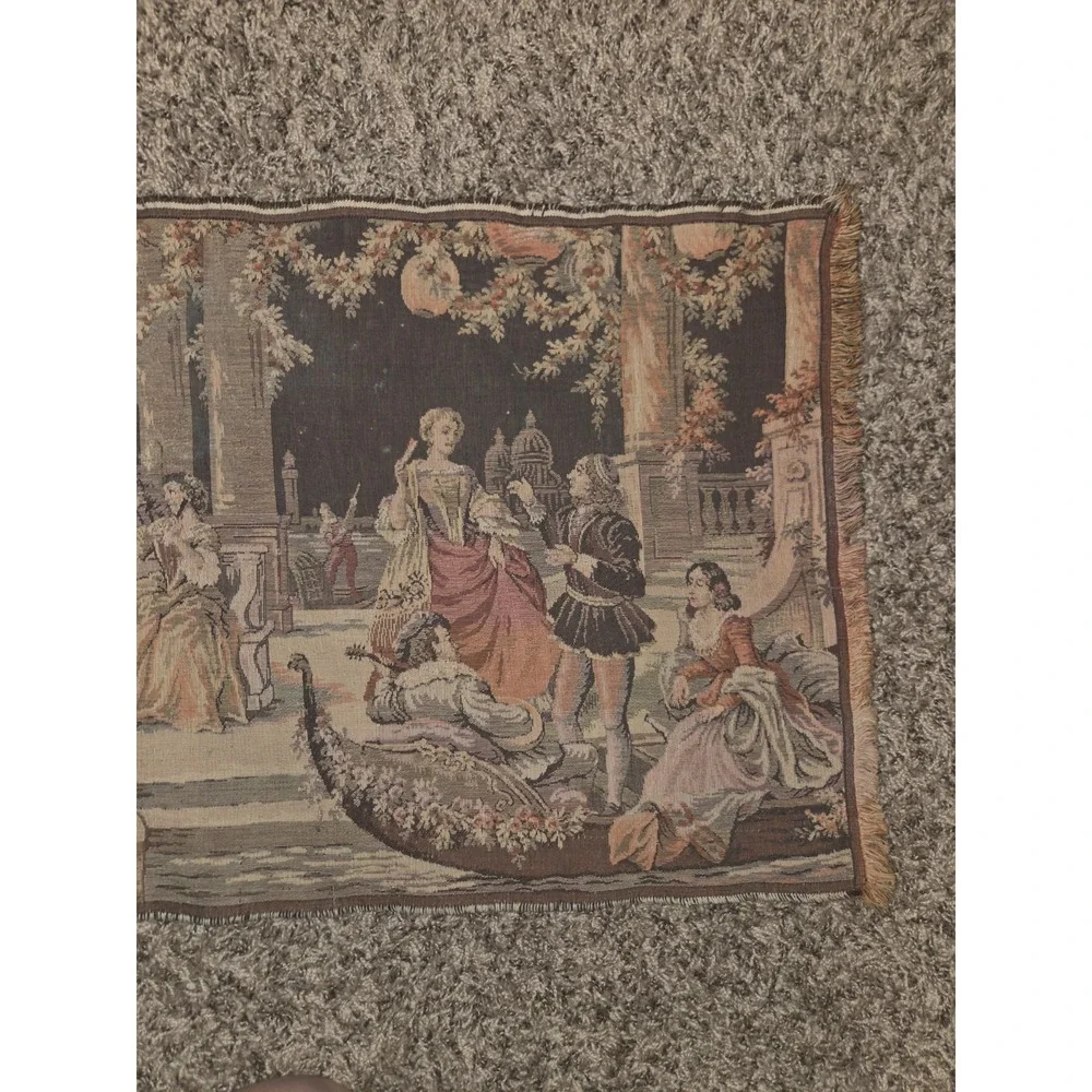Vintage Belgian Jacquard Wall Tapestry Venetian Masquerade Scene 53x18